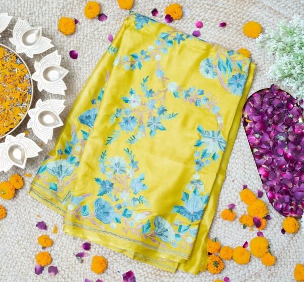 SUN KISSED YELLOW SARI, AARIWORK FROM KASHMIR-PURE SILK