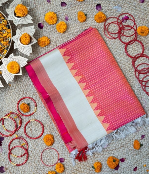 VENKATGIRI PURE SILK IN BEIGE AND RED COLOUR, HANDLOOM WEAVE