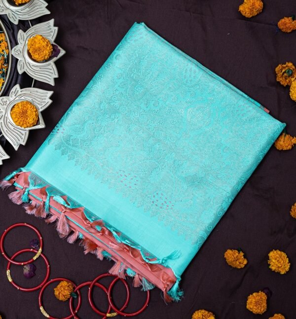 BLUE AND PEACH PURE SILK, SILK MARK, KANCHIPURAM RESHAM WEAVE