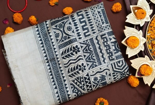 KAHANI OF KANTHA FROM BENGAL RAW SILK, BEIGR AND BLACK HANDLOOM