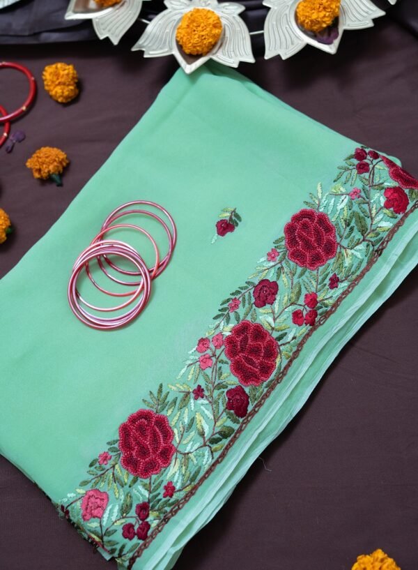 MINT GREEN GARE SAREE WITH BEAUTIFUL MOTIFS OF FLOWER PURE GEORGETTE