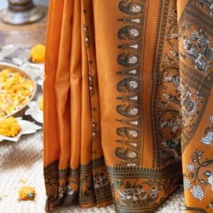 MUSTARD HAND WOVEN BALUCHARI SAREE-RESHAM WEAVE-PURE SILK