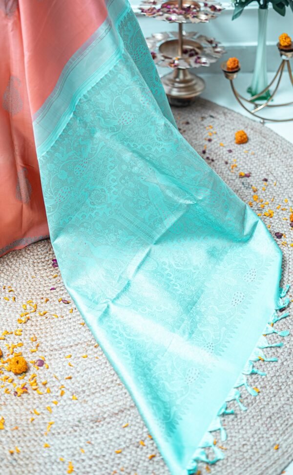 BLUE AND PEACH PURE SILK, SILK MARK, KANCHIPURAM RESHAM WEAVE - Image 2