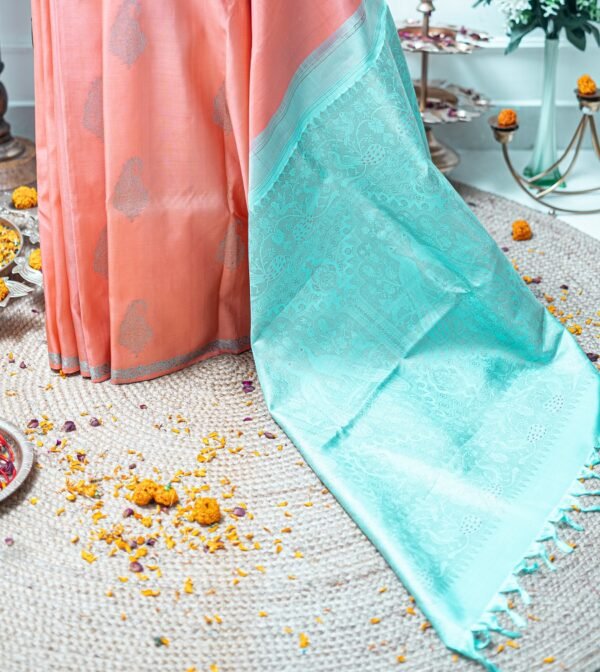 BLUE AND PEACH PURE SILK, SILK MARK, KANCHIPURAM RESHAM WEAVE - Image 5