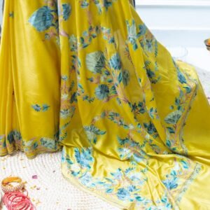 SUN KISSED YELLOW SARI, AARIWORK FROM KASHMIR-PURE SILK