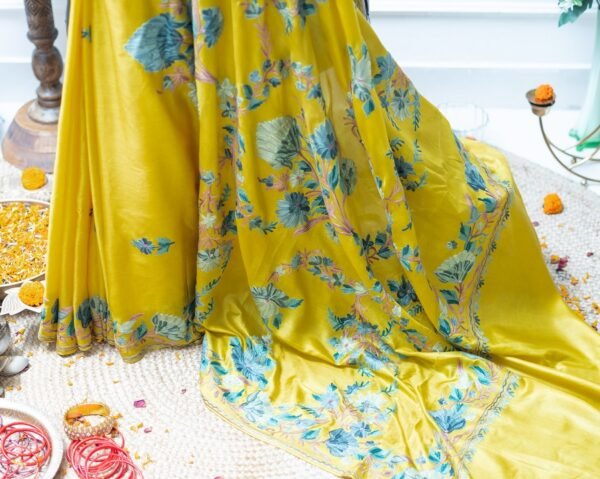 SUN KISSED YELLOW SARI, AARIWORK FROM KASHMIR-PURE SILK - Image 2