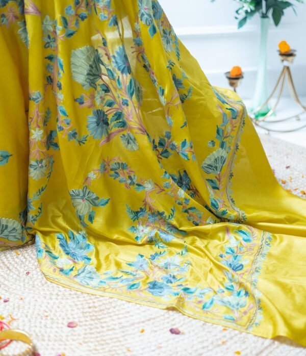 SUN KISSED YELLOW SARI, AARIWORK FROM KASHMIR-PURE SILK - Image 3