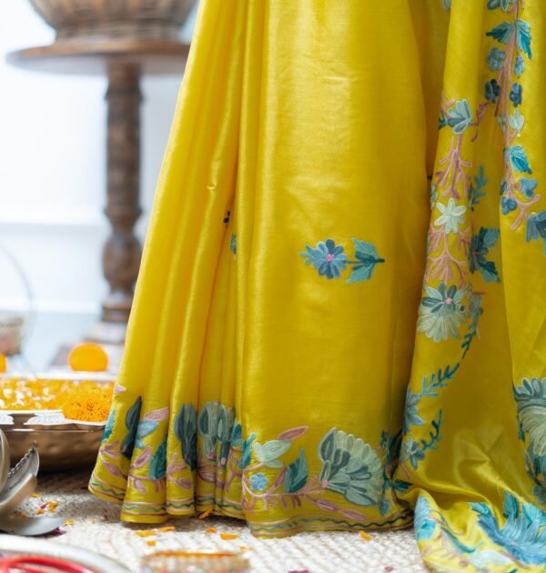 SUN KISSED YELLOW SARI, AARIWORK FROM KASHMIR-PURE SILK - Image 4