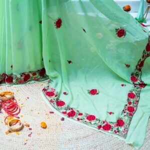 MINT GREEN GARE SAREE WITH BEAUTIFUL MOTIFS OF FLOWER PURE GEORGETTE