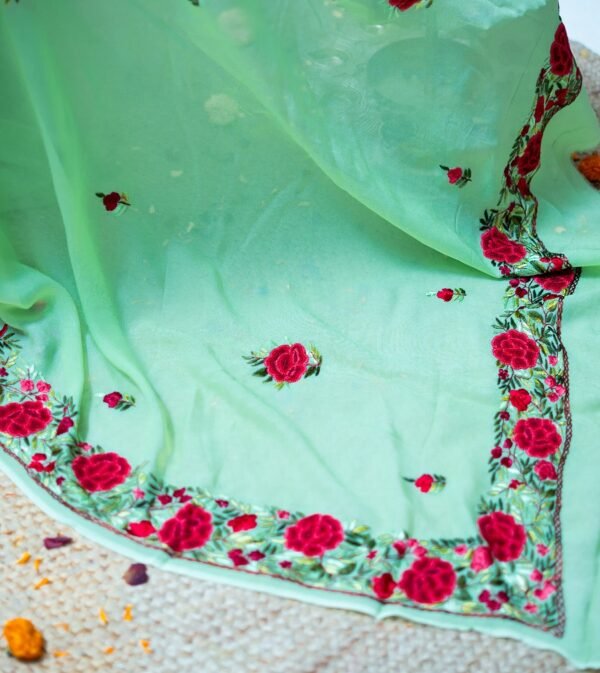 MINT GREEN GARE SAREE WITH BEAUTIFUL MOTIFS OF FLOWER PURE GEORGETTE - Image 3