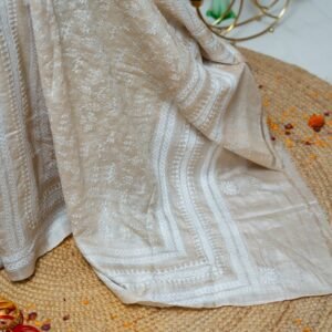 KANTHA STICA, BEIGE WITH WHITE HANDWORK, RAW SILK