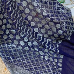 KUTCH RAI BANDHAN SAREE WITH GOLDEN ZARI WEAVE HAND DYED PUR KHADDI GEOGETTE DARK BLUE