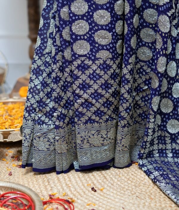 KUTCH RAI BANDHAN SAREE WITH GOLDEN ZARI WEAVE HAND DYED PUR KHADDI GEOGETTE DARK BLUE - Image 3