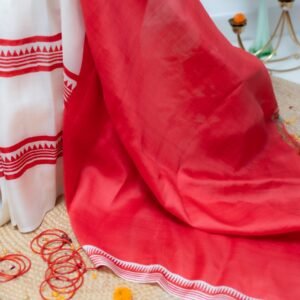 RED AND WHITE BLOCK PRINTED BISHNUPURI SILK SAREE 3PLY